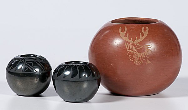 Alfred Aguilar San Ildefonso Black & Redware Bowl: Alfred Aguilar San Ildefonso Black and Redware Bowls lot of three, all signed; including one with a painted Avanyu, height 2.75 in. x diameter 3 in.; PLUS another with a negative feather motif aroun