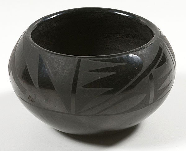San Ildefonso Blackware Bowl : San Ildefonso Blackware Bowl with feathers and geometrics around rim; unsigned, height 3 in. x diameter 5.75 in. mid-20th century