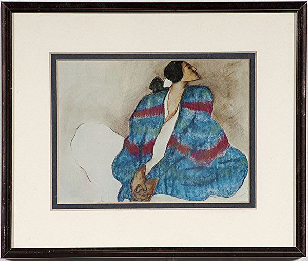 R.C. Gorman (American, 1932-2005) : R.C. Gorman (American, 1932-2005) Blue Blanket print unsigned 3.25 x 5 in.