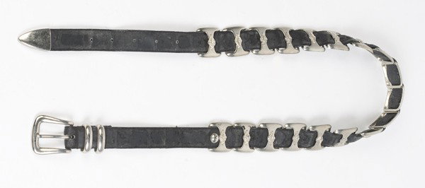 Biker Belt with Silver Metal Links : Biker Belt with Silver Metal Links Forming a square through which a black leather belt passes, length 40 in. Belt with eighteen links.