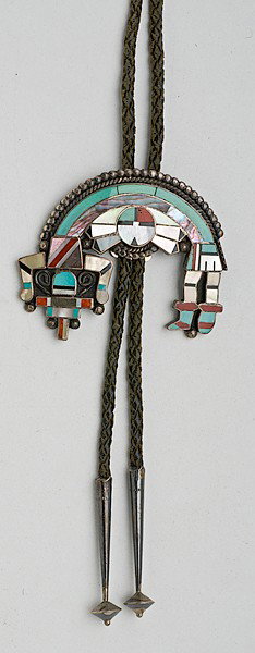 Julie Lahi Zuni Rainbow Man Bolo : Julie Lahi Zuni Rainbow Man Bolo Finely inlaid with abalone, turquoise, coral, jet, and mother-of-pearl, width 3.25 in. Bola signed LAHI for Julie O. Lahi, published in Barton Wright's 1989 book Hal