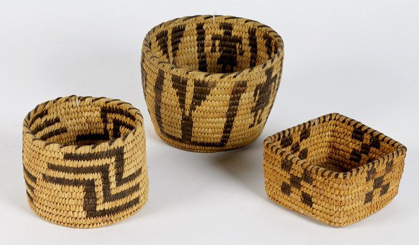Tohono O'odham Baskets : Tohono O'odham Baskets lot of 3, includes a square basket, height 2.75" x width 4.5"; PLUS a circular one with stepped devices, height 4" x diameter 4.75"; AND a third basket designed with three hum