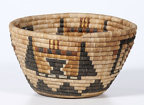 Hopi Second Mesa Polychrome Katsina Basket : Hopi Second Mesa Polychrome Katsina Basket woven with two Crow Mothers and two Heheya Katsinas, jeight 6.5 in. x diameter 11.5 in. second quarter 20th century