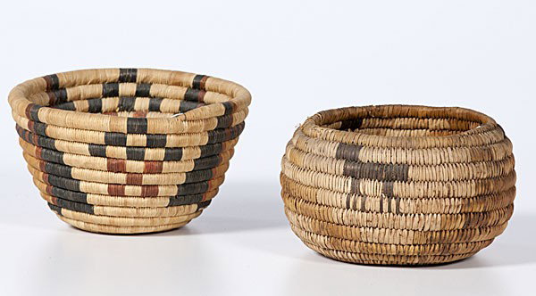 Hopi First Mesa Crow Mother Katsina Basket PLUS : Hopi First Mesa Crow Mother Katsina Basket PLUS lot of 2, includes one depicting Crow Mother, height 4.5 in. x diameter 8 in.; PLUS another Hopi basket depicting three dogs, height 4.5 in. x diamete