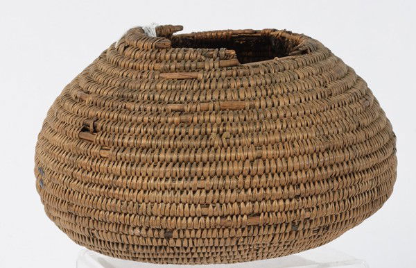 Southwestern Basket with Horsehair Handle Remnants: Southwestern Basket with Horsehair Handle Remnants old tag inside stating the basket is Old Zuni Pueblo Coiled Basket; height 5.75 in. x diameter 8.5 in. 19th century