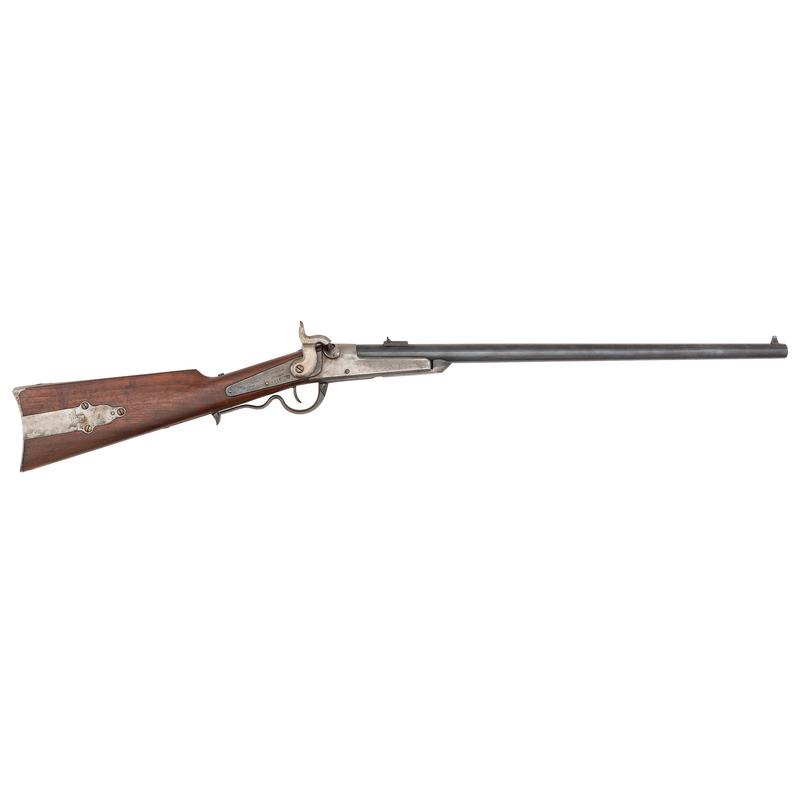 Gallager Carbine: .52 caliber. 22.375" barrel length. SN: 7456. Blued and color casehardened finish, walnut stock. Standard lock markings. Retains leaf rear sight, original front sight and saddle bar and ring. The seri
