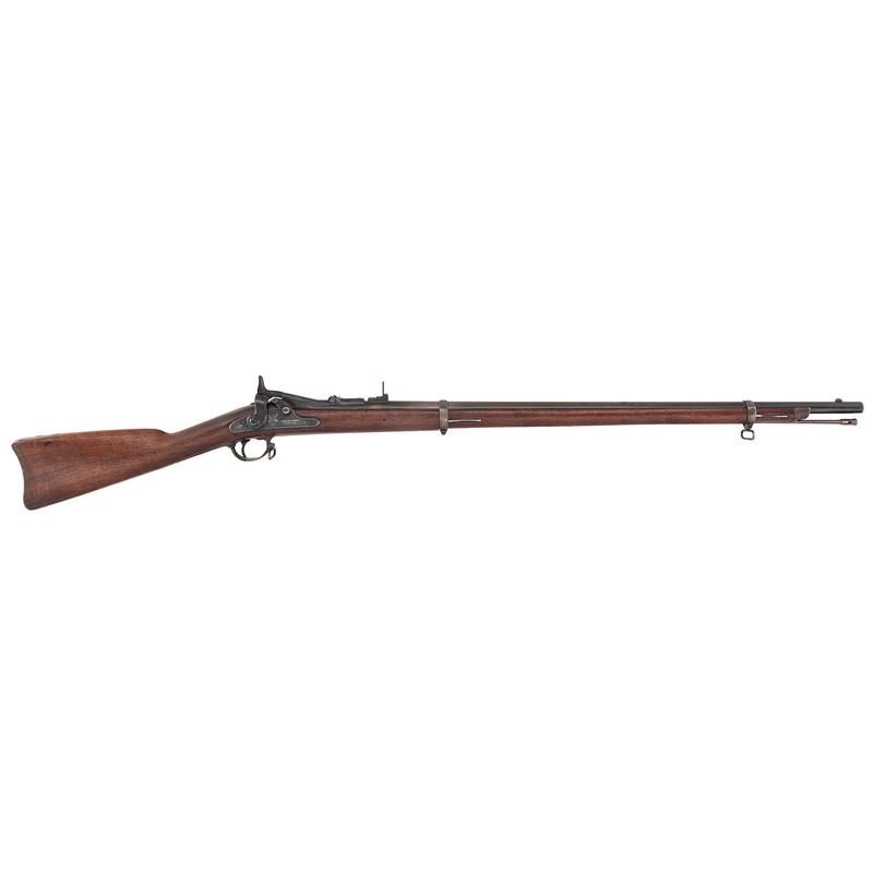 U.S. Springfield Model 1866 Shortened Composite Rifle with Remington Lock: .50-70 caliber. 32.6" barrel length. SN: NSN. Trapdoor action rifle with blued metal finish and two position musket rear sight. Item has two barrel bands with sling swivels mounted to upper band and t