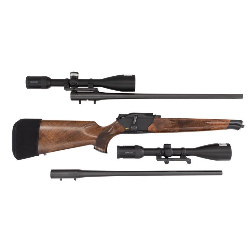 * Blaser R/8 Multi Caliber Rifle with Two Barrels, Hardcases, Accessories: .30-06 and .308 Winchester calibers. 22.5" barrel lengths. SN: RR017537. Two box set containing multicaliber barrels for straight-pull bolt-action rifle with accessories. Item features a parkerized me