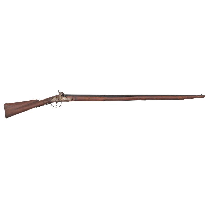 Belgian Made Percussion Northwest Trade Gun: .60 caliber. 39" pinned three-stage octagon to round barrel. SN: NSN. Black painted barrel, brass and iron furniture, full-length walnut stock. Liege proof mark on top of barrel, percussion lock with 