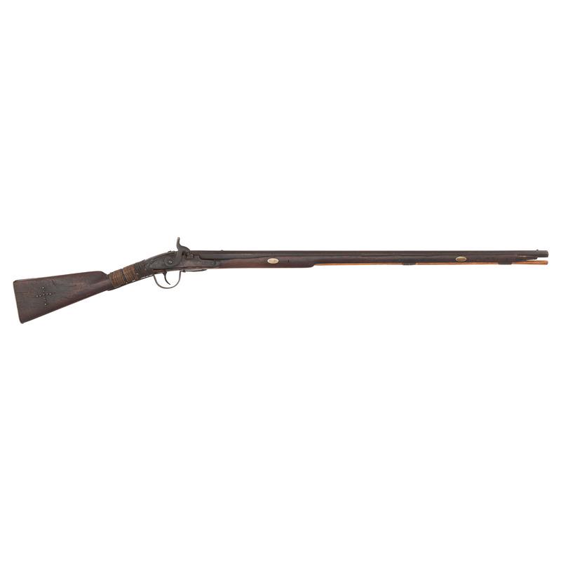 Tryon Chief's Grade Trade Gun with Old Repairs: .60 caliber. 35" pinned three-stage octagon to round barrel. SN: NSN. Browned finish, brass and iron furniture, full length walnut stock with German silver decorations. Percussion altered flint lock m
