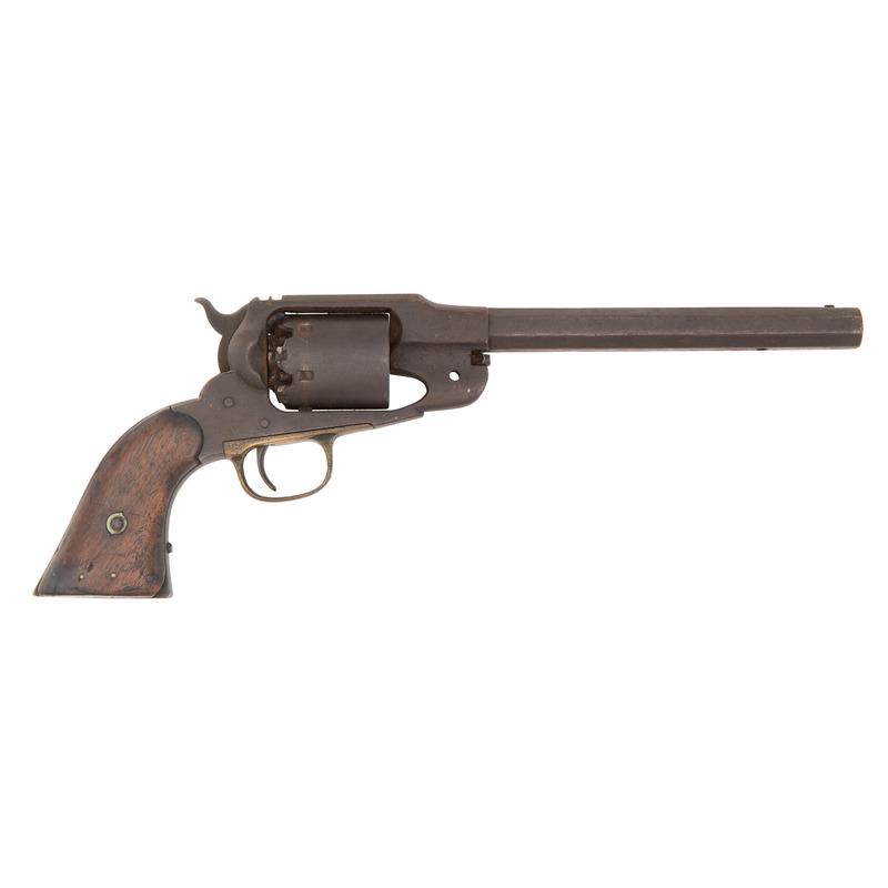 Attic Remington New Model Army Percussion Revolver with Relic Holster: .44 caliber. 8" octagonal barrel. SN: 26625. Heavily oxidized brown patina, brass triggerguard, two-piece walnut grips. Barrel markings no longer visible, no other external markings visible other tha