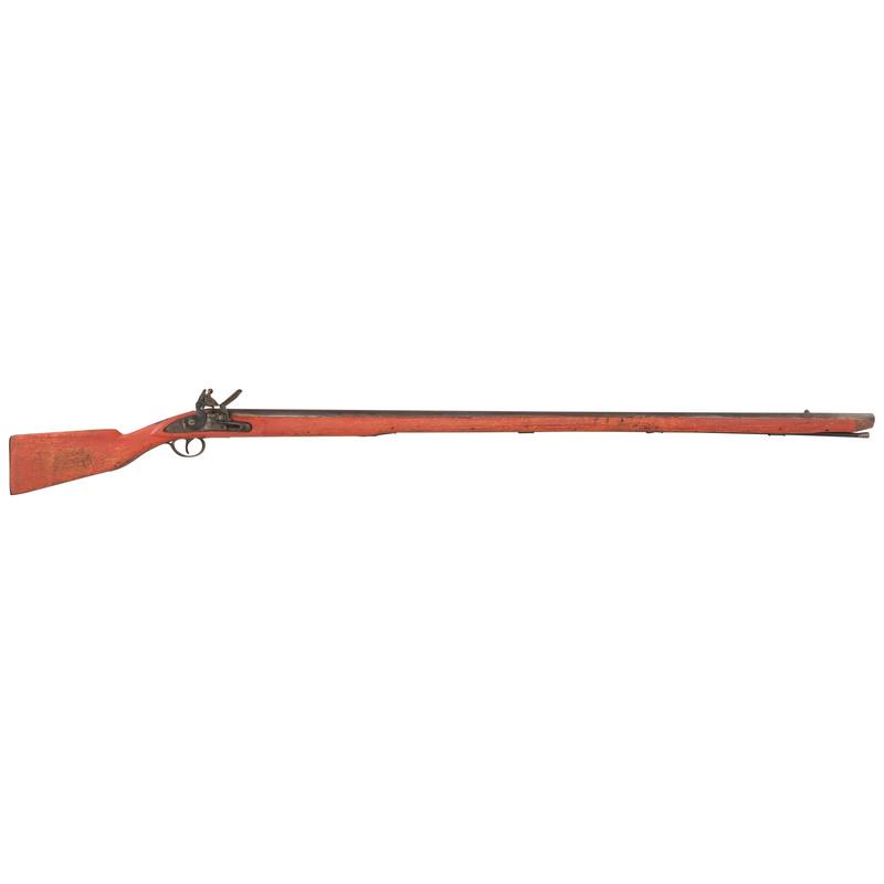 Belgian Flintlock Trade Musket with Native Applied Red Paint: .72 caliber. 51.5" pinned round barrel with baluster turned rings at the breech. SN: NSN. Bright finish, brass furniture, hardwood stock with applied red paint. Unmarked except for a Liege "E/LG/*" i