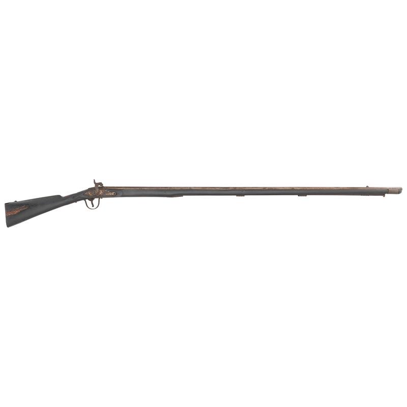 Belgian Made Percussion Trade Gun: .60 caliber. 51" pinned two-stage octagon to round barrel. SN: NSN. Bright finish, iron furniture, full-length hardwood stock. Unmarked percussion lock, top barrel flat marked with an oval "E/LG/*" L