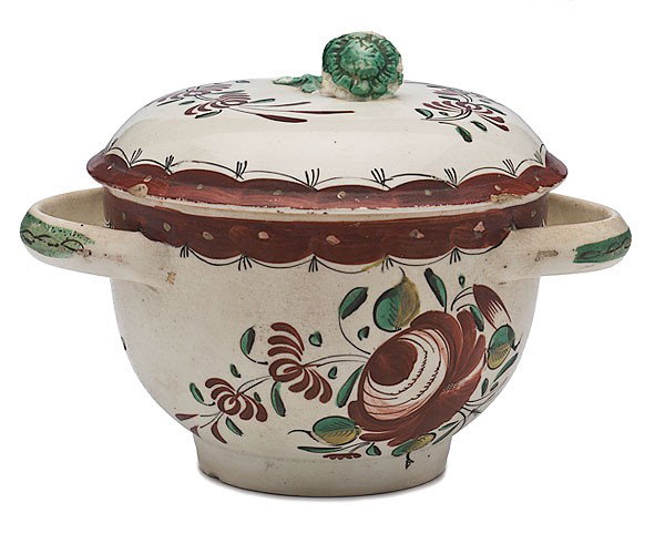 King's Rose Creamware Sugar Bowl : King's Rose Creamware Sugar Bowl English, late 18th century. A Dutch-decorated polychrome creamware sugar bowl and cover, with two applied handles, floral finial on lid, painted with King's Rose flo