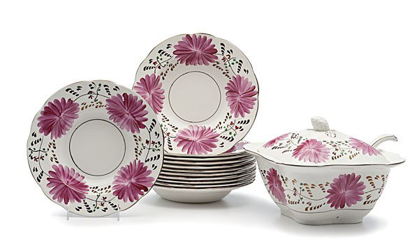 English Lusterware Tablewares : English Lusterware Tablewares English, 19th century. Fourteen pieces of lusterware by Allertons including twelve soup bowls, a covered tureen, and ladle, all with hand painted pink chrysanthemums, m