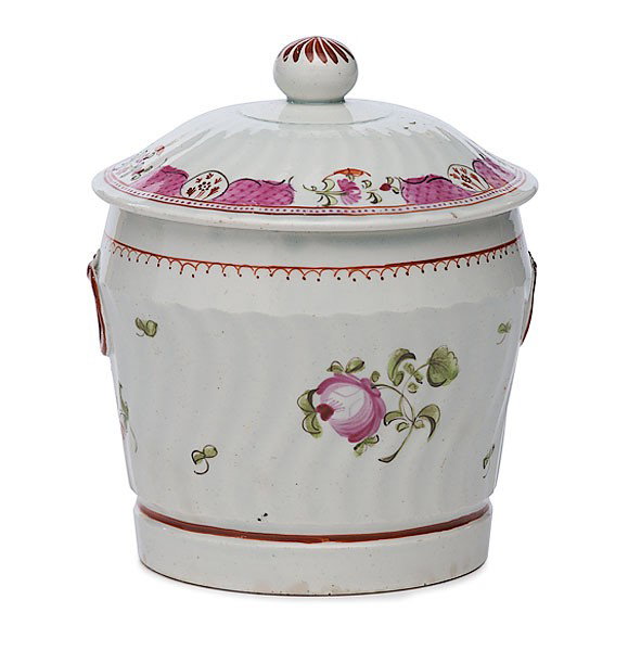 Pearlware Covered Sugar Bowl : Pearlware Covered Sugar Bowl English, 19th century. A pearlware covered sugar bowl with floral decoration, unmarked; ht. 5 in.