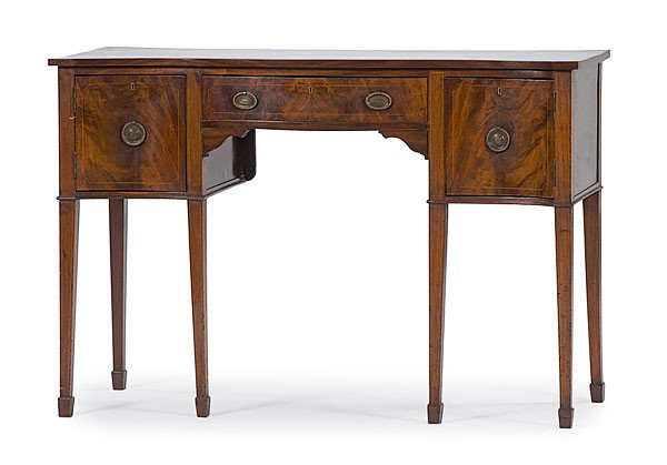 Hepplewhite Mahogany Sideboard : Hepplewhite Mahogany Sideboard English, early 19th century. A Hepplewhite serpentine front sideboard in mahogany with one center drawer having string perimeter inlay, flanked by doors with matching 