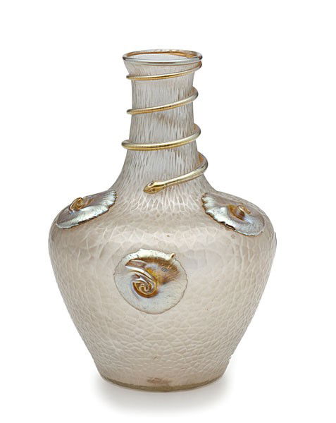 Loetz Vase with Snake Coil : Loetz Vase with Snake Coil Czech, early 20th century. A shoulder from vase having an applied snake coil around the elongated neck, applied raised iridescent buttons, and polished pontil; ht. 9.5 in.