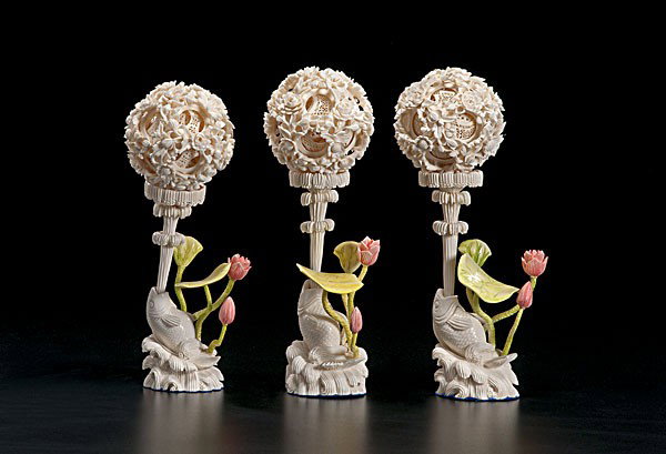 Chinese Polychrome Ivory Puzzle Balls : Chinese Polychrome Ivory Puzzle Balls Chinese, three carved ivory puzzle balls on stands, having polychrome painted flowers; each ht. 12 in. Ex Property Reserve National Insurance Company, Oklahom