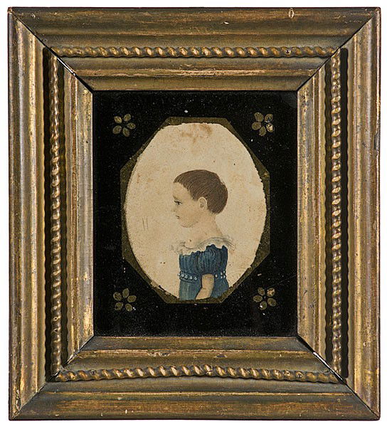 Miniature of Miss Mallery, Attributed to Rufus Por: Miniature of Miss Mallery, Attributed to Rufus Porter American, New England, possibly Connecticut, ca 1827, a small pencil, watercolor and ink oval portrait of a young girl, attributed to Rufus Port