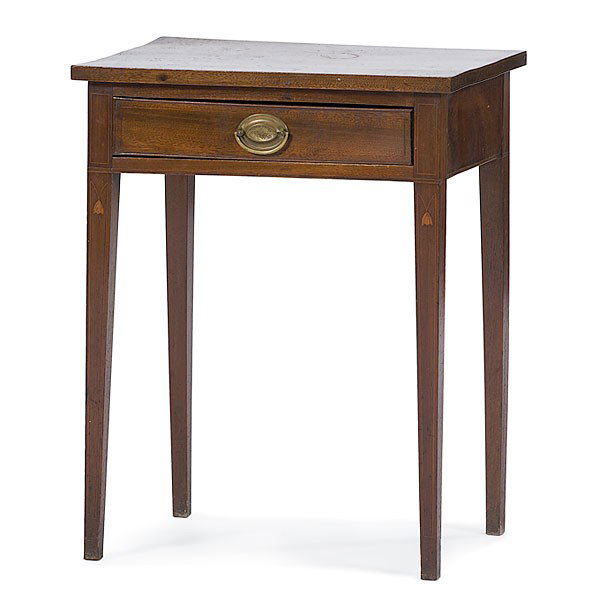 Shenandoah Valley Work Table : Shenandoah Valley Work Table Probably Virginia, ca 1790-1810. A walnut one drawer Hepplewhite work table with line inlay on drawer face and drop bell flower inlay on leg fronts; ht. 28.25, wd. 22.12