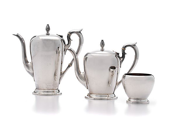 Watson Sterling Silver Service : Watson Sterling Silver Service American, a sterling teapot, coffee pot, and waste bowl, all with hallmarks for the Watson Company of Attleboro, Massachusetts and marked Sterling; tallest ht. 10 in.,