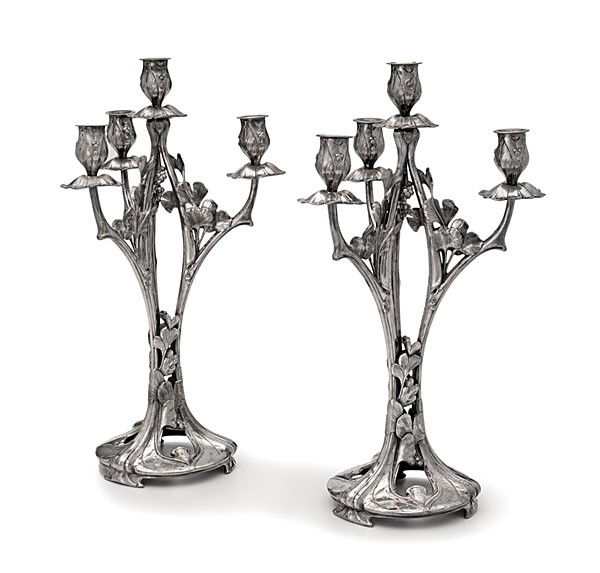 Art Nouveau Silver Candelabrums : Art Nouveau Silver Candelabrums Continental, late 19th century. A pair of silver-plated four-light footed candelabra with open footed base, three extending branches that fork to a single central ped