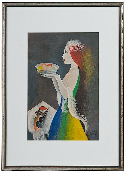 Woman Holding Fruit by Béla Kádár, Tempera : Woman Holding Fruit by Béla Kádár, Tempera Béla Kádár (Hungarian, 1877-1956), signed l.r.; 18.5 x 12.5 in.