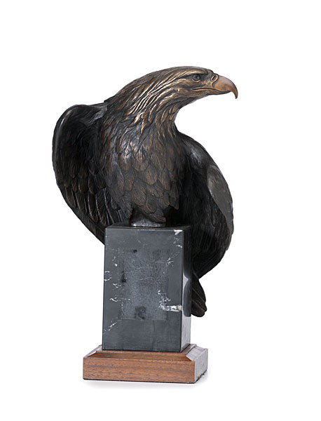 Eagle by Robert Taylor, Bronze on Wood and Marble : Eagle by Robert Taylor, Bronze on Wood and Marble Base Robert Taylor (American, 20th/21st century), titled Vigilance, signed and dated 91 under wing; oah 15 in.