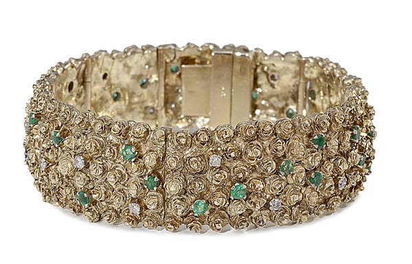 14K Gold, Emerald and Diamond Bracelet : 14K Gold, Emerald and Diamond Bracelet Continental, a hand made 14K yellow gold link bracelet with random prong set diamonds and emeralds among what appears to be petite rosettes, marked 14K; total 