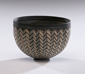 Masterworks: Bente Hansen Chevron Bowl : Bente Hansen (Born 1943, Denmark) Chevron Bowl ca 1986 Stoneware; ht. 3 in. Hansen worked at Bing and Grondahl Porcelain Manufactory from 1964-68 establishing her own workshop in 1967. Provenance: F