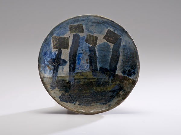 Masterworks: Peter Voulkos Early Plate with Blue Sq: Peter Voulkos (1924-2002, USA) Early Plate with Blue Squares ca 1958 Stoneware; dia. 11 in. This plate was produced at the Otis Art Institute in Los Angeles a year before Voulkos' move to Berkeley.