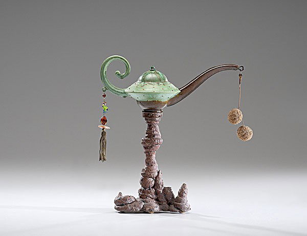 Masterworks: Adrian Saxe Hi-Fibre Magic Lamp : Adrian Saxe (Born 1943, USA) Hi-Fibre Magic Lamp ca 1996-1997 Porcelain; ht. 14, wd. 12 in. The elegant satin glaze with its complex surface is typical of Saxe's hedonistic art, playing with court p