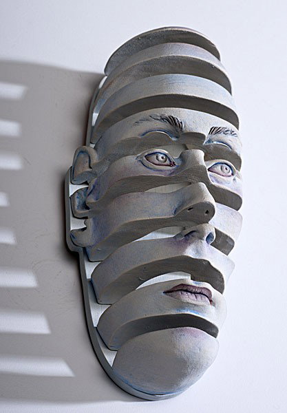 Masterworks: Beverly Mayeri Pixie Mask : Beverly Mayeri (Born 1940, USA) Pixie Mask 1987 Whiteware and Acrylic paint; lg. 5.5 in. The structure of this mask is one of Mayeri's most distinctive ways of deconstructing the human form. The pie