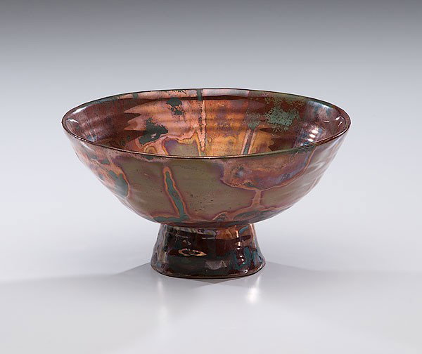 Masterworks: Beatrice Wood Multi-Glaze Footed Bowl : Beatrice Wood (1893-1998, USA) Multi-Glaze Footed Bowl ca 1987 Earthenware; ht. 4.5, dia. 6.25 in. An exquisite mixture of copper luster and turquoise glaze on this generous open bowl form.