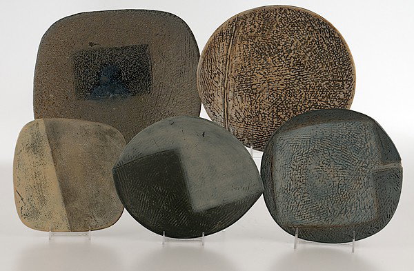 Potters' Market: Mary Barringer Ceramic Plates : Mary Barringer Ceramic Plates Group of five earthenware bowls and plates in earth tone glazes, all signed Barringer; largest lg. 11, wd. 10 in.
