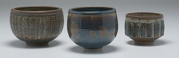 Potters' Market: Vivika Heino and Otto Heino Three: Vivika Heino (1910-95, USA) and Otto Heino (1915-2009, USA) Three Bowls Stoneware and porcelain. All signed. Tallest: ht. 6.25 in.