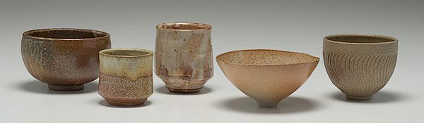 Potters' Market: Five Tea Bowls: Hiroshi Nakayama,: Five Tea Bowls: Hiroshi Nakayama, William Marshall, Randy Johnston, Mary Roehm, Nancee Meeker Stoneware. All signed. Hiroshi Nakayama, ht. 3.25 in. William Marshall (1923-2007, England), ht. 2.75 in