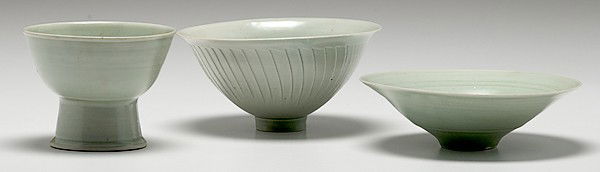 Potters' Market: David Leach Set of Three Celadon: David Leach (1911-2005, Japan) Set of Three Celadon Bowls ca 1988 signed, porcelain, ht. 2.5 - 4 in. From the Collection of Dorothy Miner.