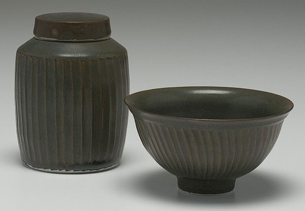 Potters' Market: David Leach Lidded Jar and Tea Bo: David Leach (1911-2005, Japan) Lidded Jar and Tea Bowl ca 1988 Signed, porcelain jar, ht. 4.75 in. From the Collection of Dorothy Miner.