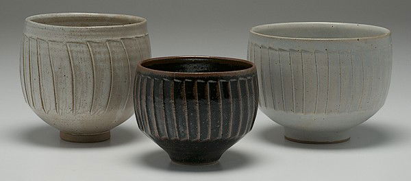 Potters' Market: David Leach Three Faceted Bowls : David Leach (1911-2005, Japan) Three Faceted Bowls ca 1988 Signed, stoneware, tallest: 6 in. From the Collection of Dorothy Miner.