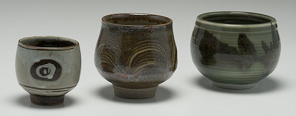 Potters' Market: Three Tea Bowls: Two by David Lea: Three Tea Bowls: Two by David Leach, One by Vivika and Otto Heino David Leach Pottery, stoneware and porcelain, ht. 3.25 in. David Leach Pottery, stoneware, ht. 4.25 in. Vivika Heino (1910-95, USA)