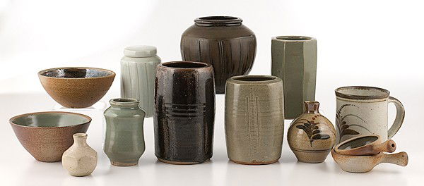 Potters' Market: David Leach Vases and Leach Potte: David Leach Vases and Leach Pottery A group of Leach pottery, including two David Leach (1911-2005, Japan) vases, signed,; ht. 6 in. Plus ten various Leach Pottery vases, tea bowls and mug, all sign