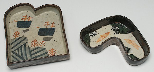 Potters' Market: John Maltby Pair of Asymmetrical : John Maltby (Born 1936, England) Pair of Asymmetrical Bowls ca 1985 Stoneware; largest: wd. 7.25 in. Signed. From the Collection of Dorothy Miner.