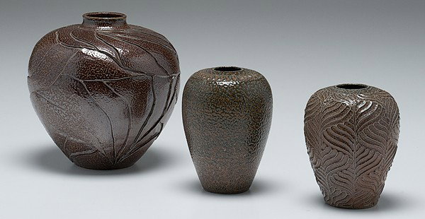 Potters' Market: Nancee Meeker Three Carved Salt-G: Nancee Meeker (Born 1951, USA) Three Carved Salt-Glazed Vessels ca 1983 Stoneware; tallest: ht. 6.5 in. Signed. From the Collection of Dorothy Miner.