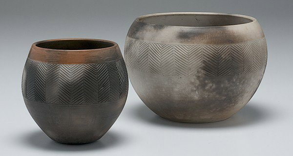 Potters' Market: Nancee Meeker Pair of Incised Bow: Nancee Meeker (Born 1951, USA) Pair of Incised Bowls ca 1986 Earthenware; tallest: ht. 6 in. Signed. From the Collection of Dorothy Miner.