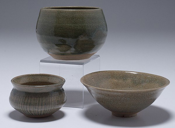 Potters' Market: Katherine Pleydell-Bouverie Three: Katherine Pleydell-Bouverie (1895-1985, England) Three Ash Glazed Vessels Three bowls, stoneware. From the Collection of Dorothy Miner.