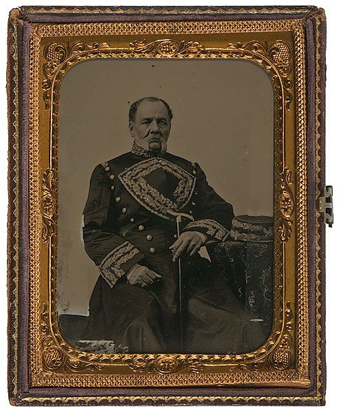 Quarter Plate Ambrotype of Mexican General: Quarter Plate Ambrotype of Mexican General An unidentified portrait of a distinguished looking army officer wearing a pre-Maximilian uniform, ca 1860. The double breasted coat with shoulder straps i