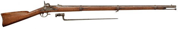 Model 1861 Springfield Rifled-Musket With Bayonet : Model 1861 Springfield Rifled-Musket With Bayonet .58 caliber, 40" barrel with V P and eagle barrel proofs on the left flat. Lockplate dated 1862. Walnut stock.