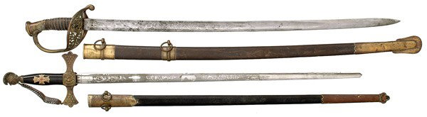 Lieut. Albert Proctor Presentation Foot Officer's : Lieut. Albert Proctor Presentation Foot Officer's Sword & Masonic Sword Lot of 2, featuring foot officer's sword with 30" blade and etched panels of military motifs. Leather and brass wire wrapped h